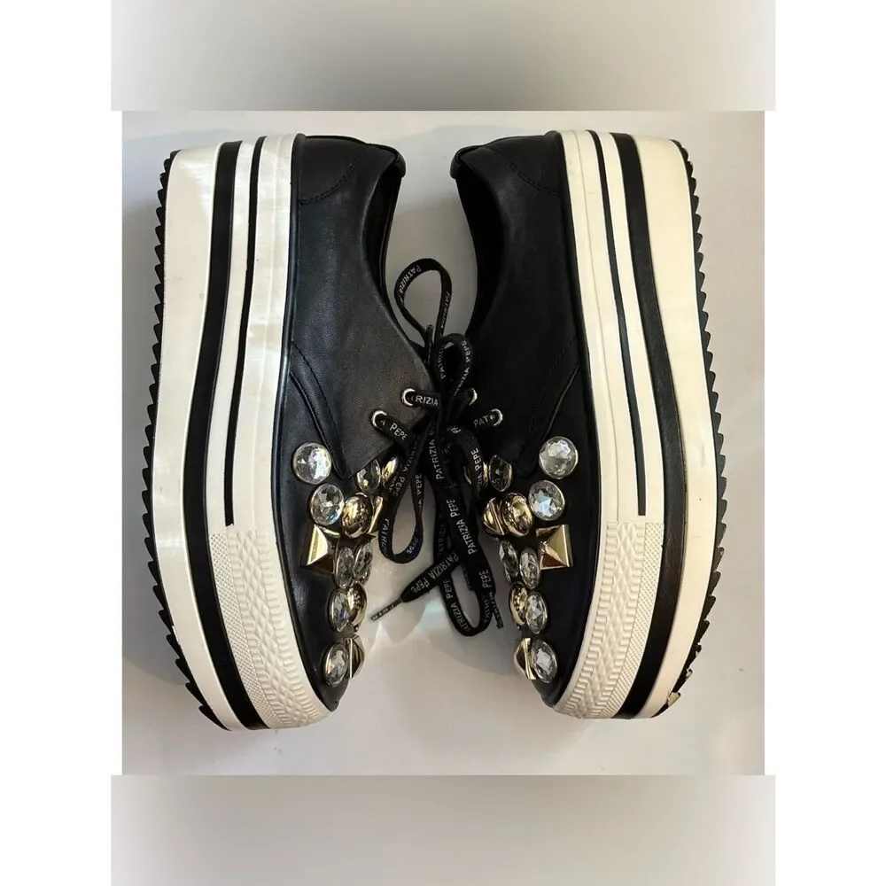 Patrizia Pepe Black Crystal & Gold-Stud Platform Sneakers Size 38